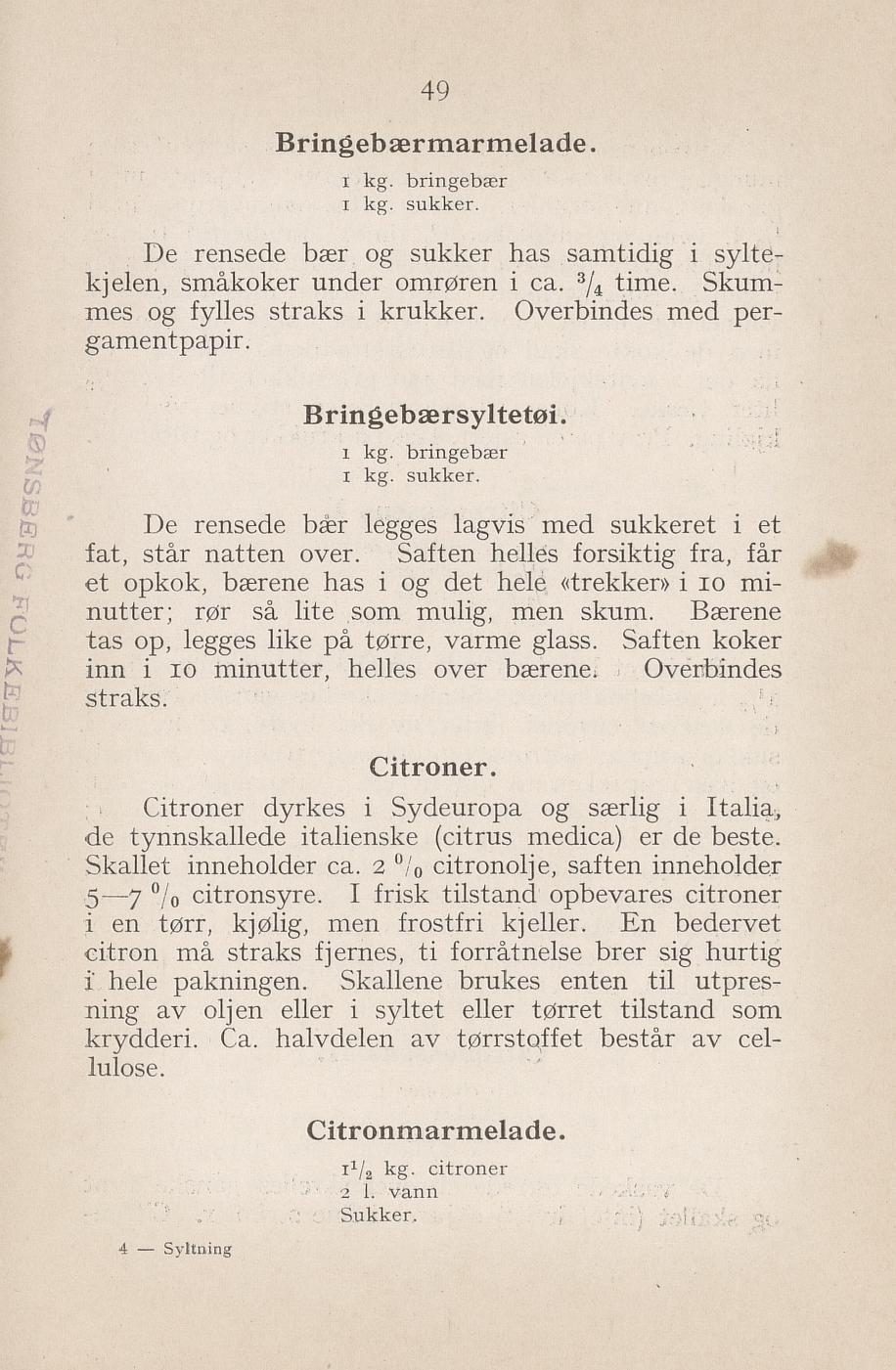 Faksimile av «Bringebærmarmelade» fra Syltning, grønnsakers opbevaring, vegetar-retter 1929
