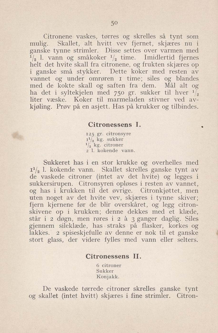 Faksimile av «Sitronessens I» fra Syltning, grønnsakers opbevaring, vegetar-retter 1929
