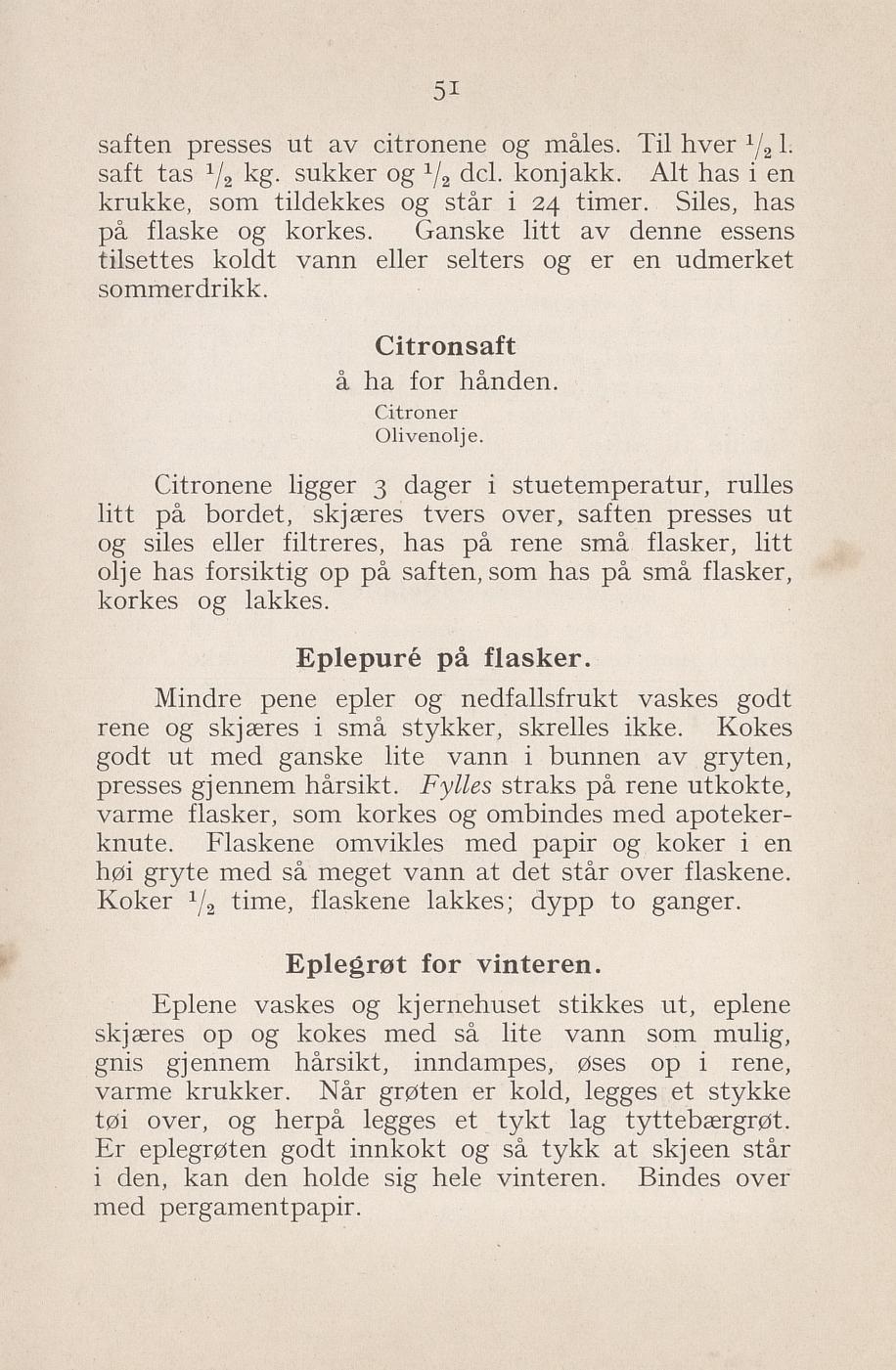 Faksimile av «Eplemos på flasker» fra Syltning, grønnsakers opbevaring, vegetar-retter 1929