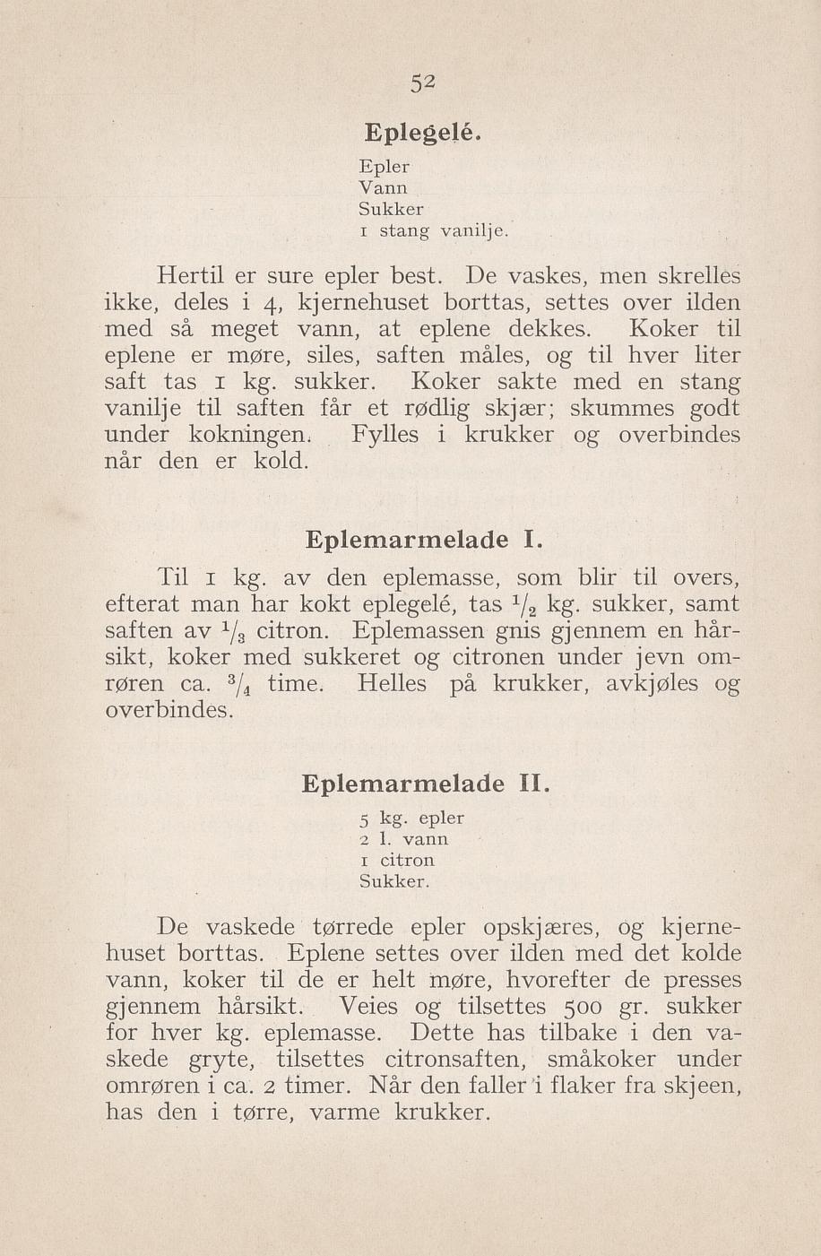 Faksimile av «Eplegelé» fra Syltning, grønnsakers opbevaring, vegetar-retter 1929