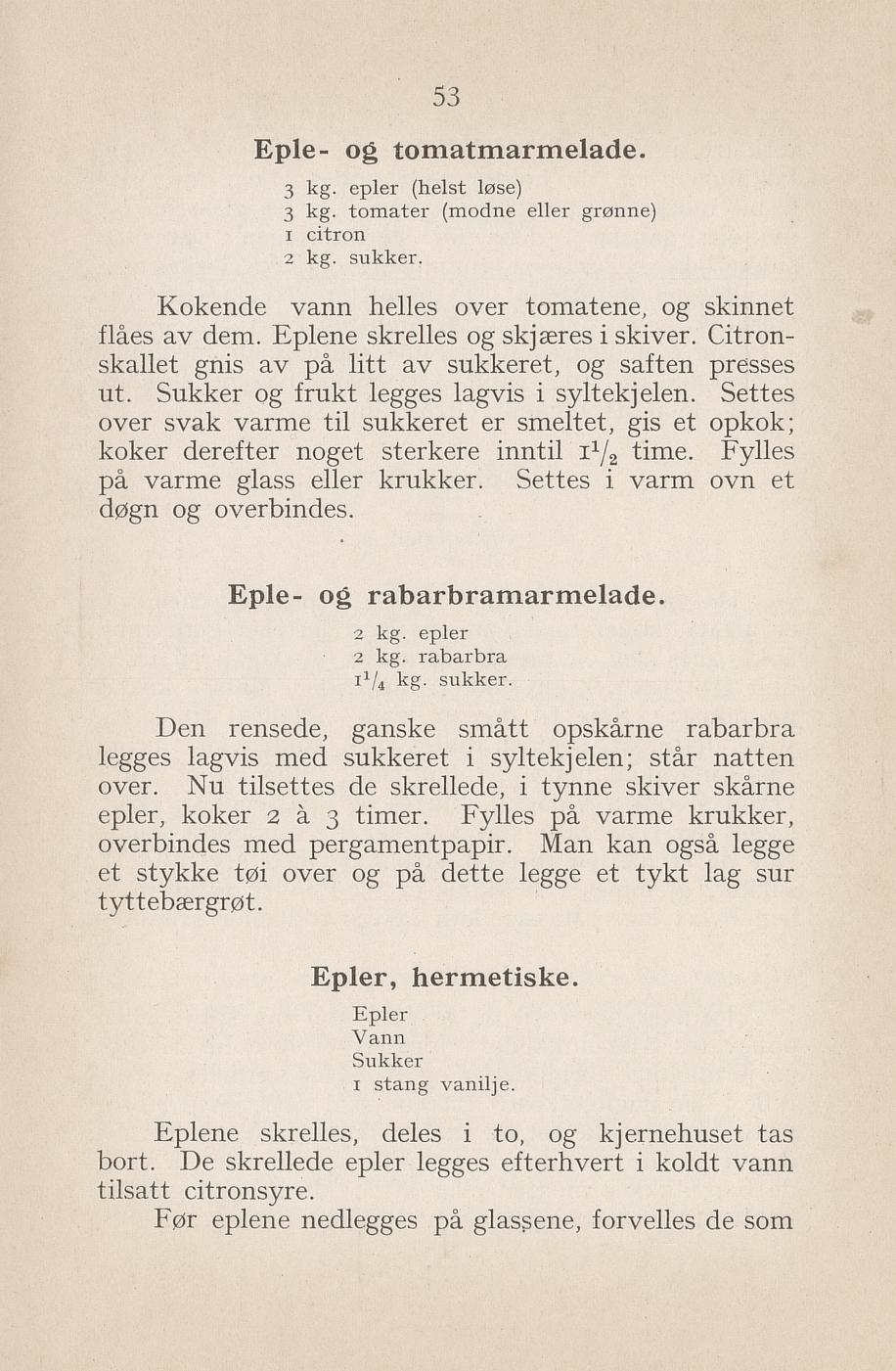 Faksimile av «Eple- og rabarbramarmelade» fra Syltning, grønnsakers opbevaring, vegetar-retter 1929