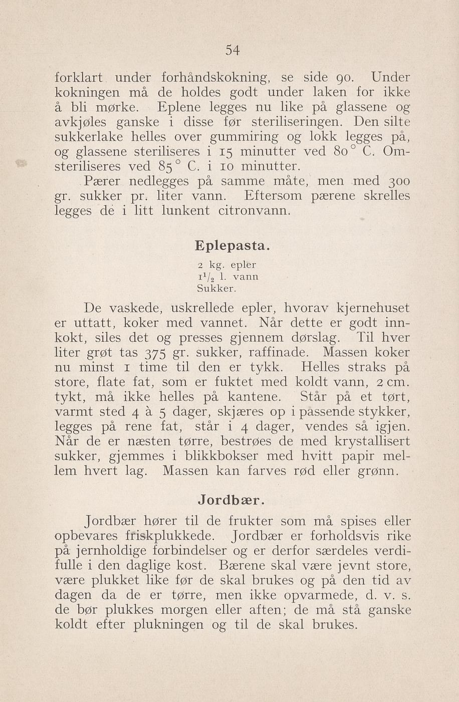 Faksimile av «Eplepasta» fra Syltning, grønnsakers opbevaring, vegetar-retter 1929