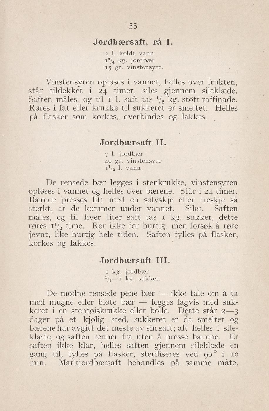Faksimile av «Jordbærsaft II» fra Syltning, grønnsakers opbevaring, vegetar-retter 1929