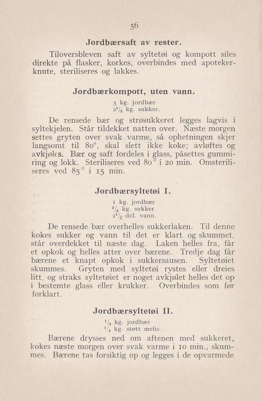 Faksimile av «Jordbærsaft av rester» fra Syltning, grønnsakers opbevaring, vegetar-retter 1929