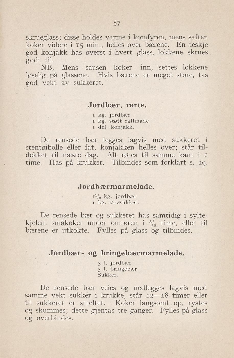 Faksimile av «Rørte jordbær» fra Syltning, grønnsakers opbevaring, vegetar-retter 1929