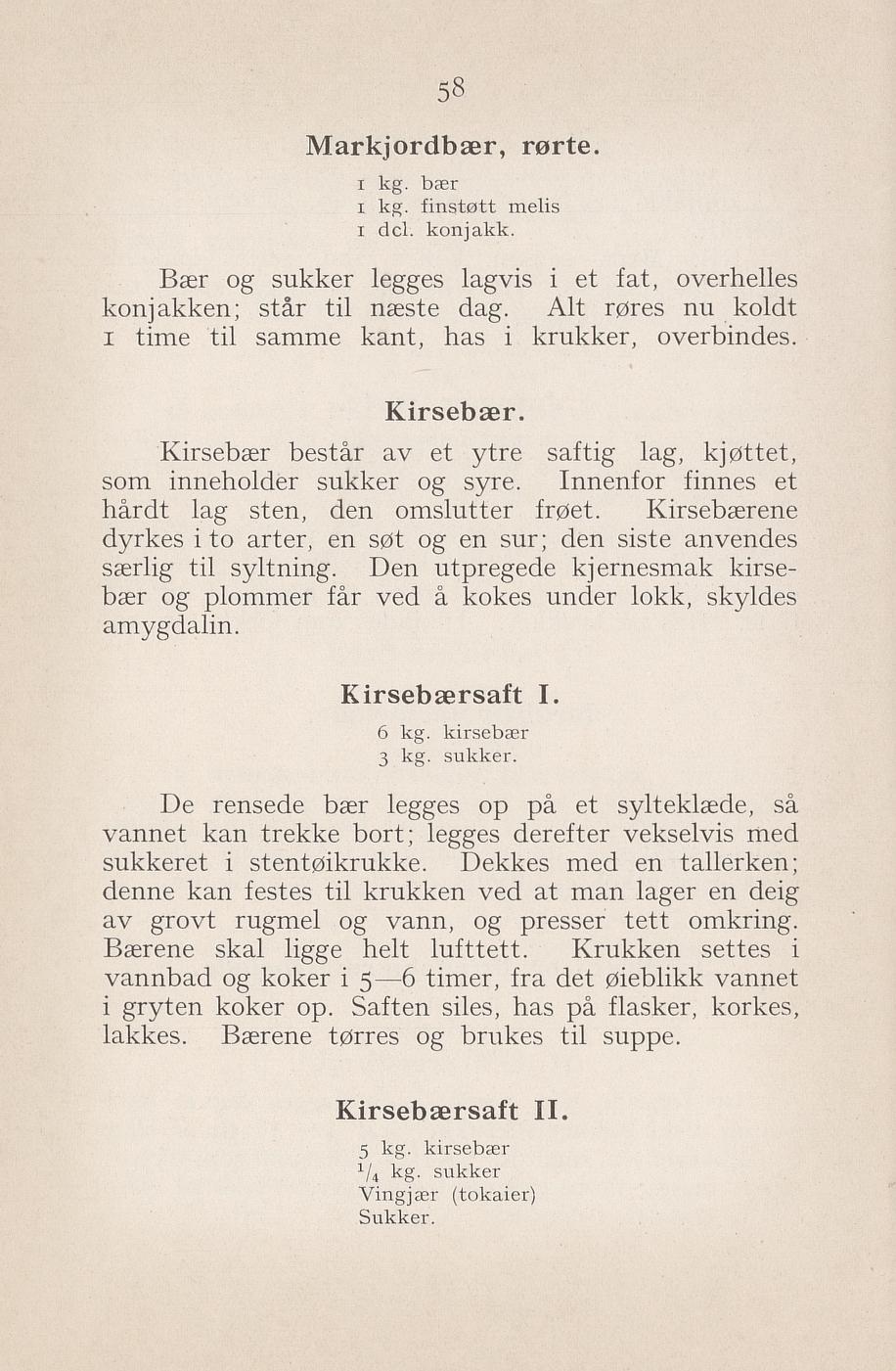 Faksimile av «Rørte markjordbær» fra Syltning, grønnsakers opbevaring, vegetar-retter 1929