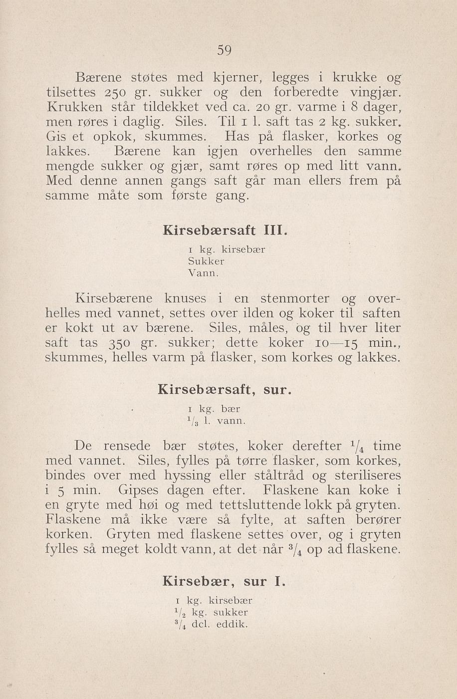 Faksimile av «Kirsebærsaft III» fra Syltning, grønnsakers opbevaring, vegetar-retter 1929