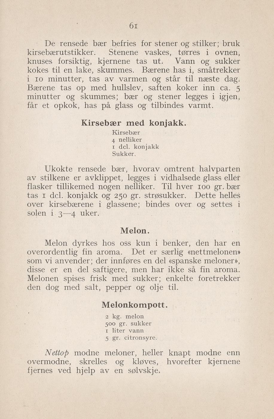 Faksimile av «Kirsebær med konjakk» fra Syltning, grønnsakers opbevaring, vegetar-retter 1929