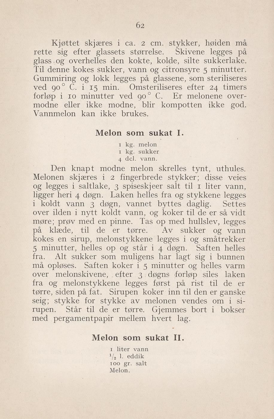 Faksimile av «Melon som sukat I» fra Syltning, grønnsakers opbevaring, vegetar-retter 1929