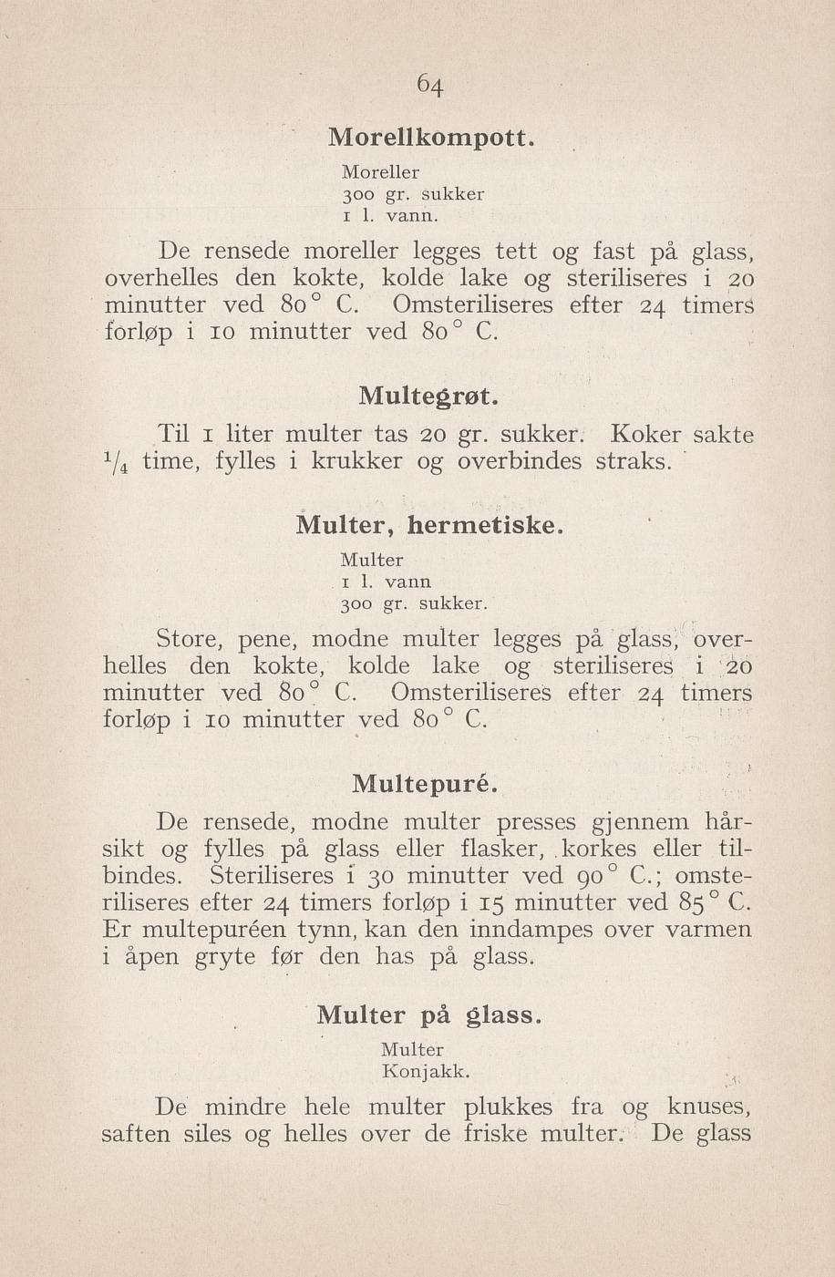Faksimile av «Multer på glass» fra Syltning, grønnsakers opbevaring, vegetar-retter 1929