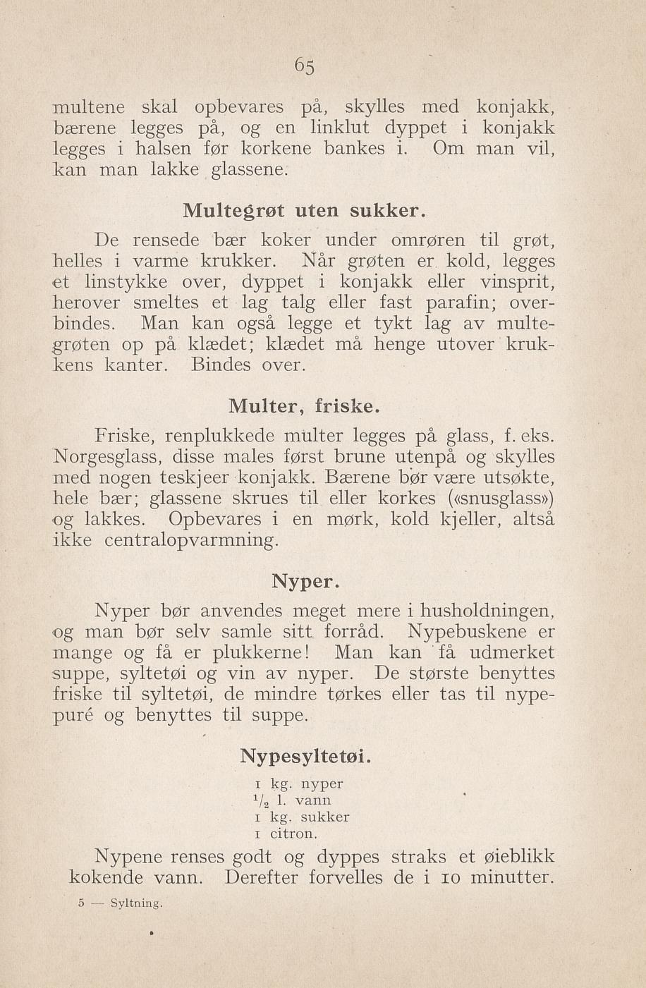 Faksimile av «Nypesyltetøy» fra Syltning, grønnsakers opbevaring, vegetar-retter 1929
