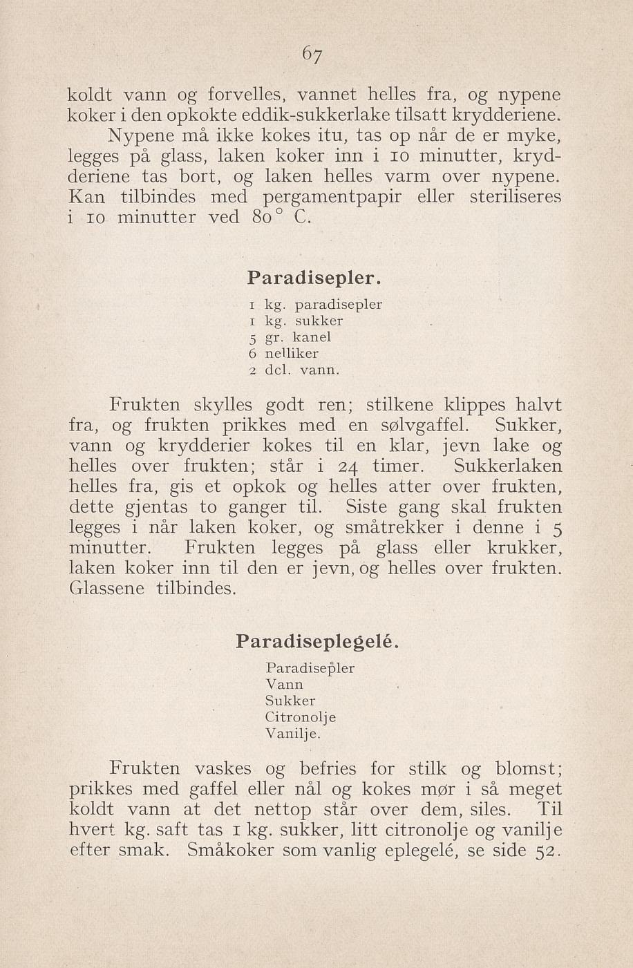 Faksimile av «Paradiseplegelé» fra Syltning, grønnsakers opbevaring, vegetar-retter 1929