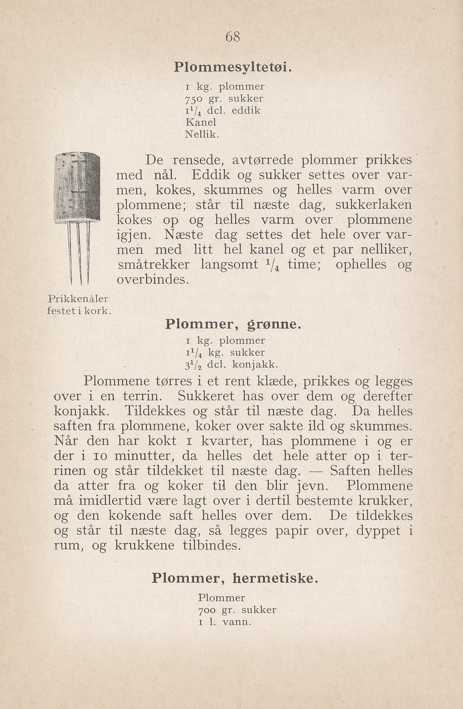Faksimile av «Grønne plommer på konjakk» fra Syltning, grønnsakers opbevaring, vegetar-retter 1929