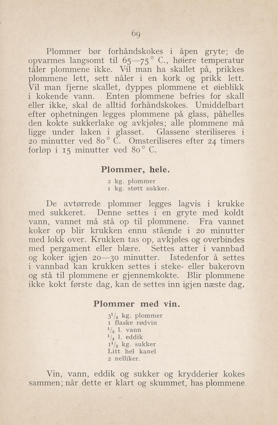Faksimile av «Plommer med rødvin» fra Syltning, grønnsakers opbevaring, vegetar-retter 1929