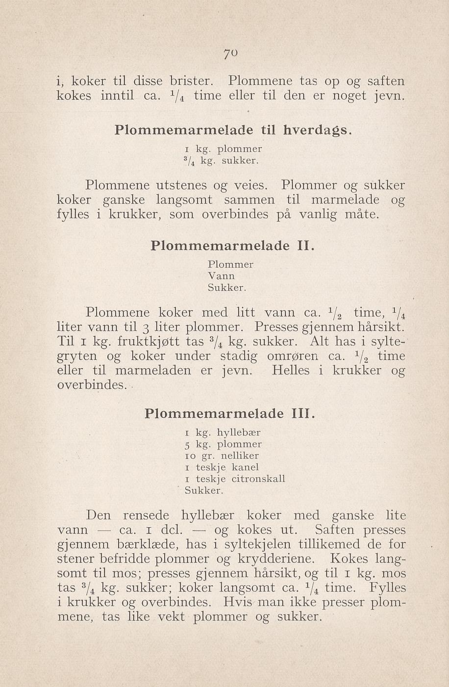 Faksimile av «Hverdagsplommemarmelade» fra Syltning, grønnsakers opbevaring, vegetar-retter 1929