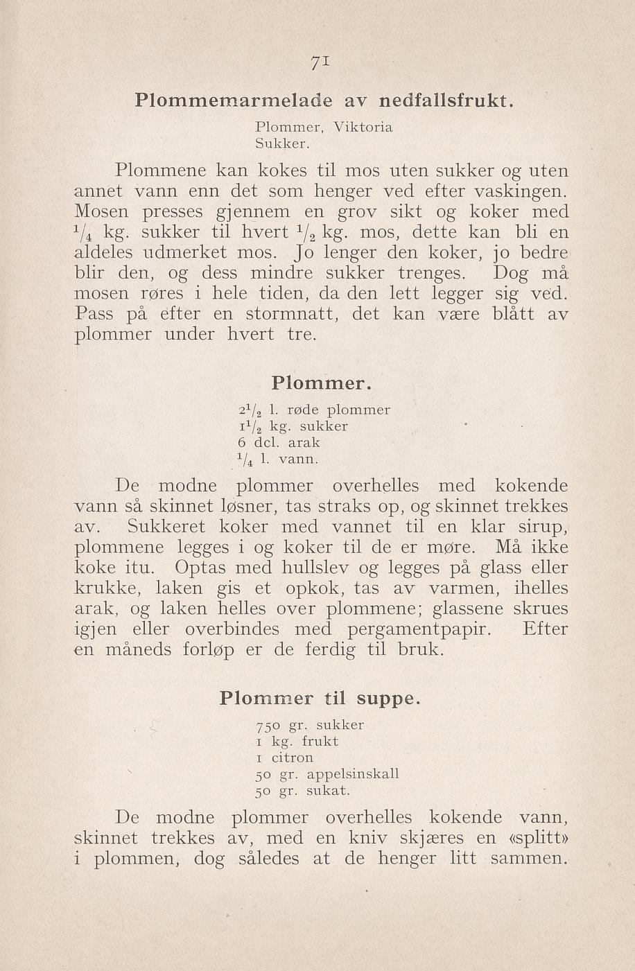 Faksimile av «Plommemarmelade av nedfallsfrukt» fra Syltning, grønnsakers opbevaring, vegetar-retter 1929