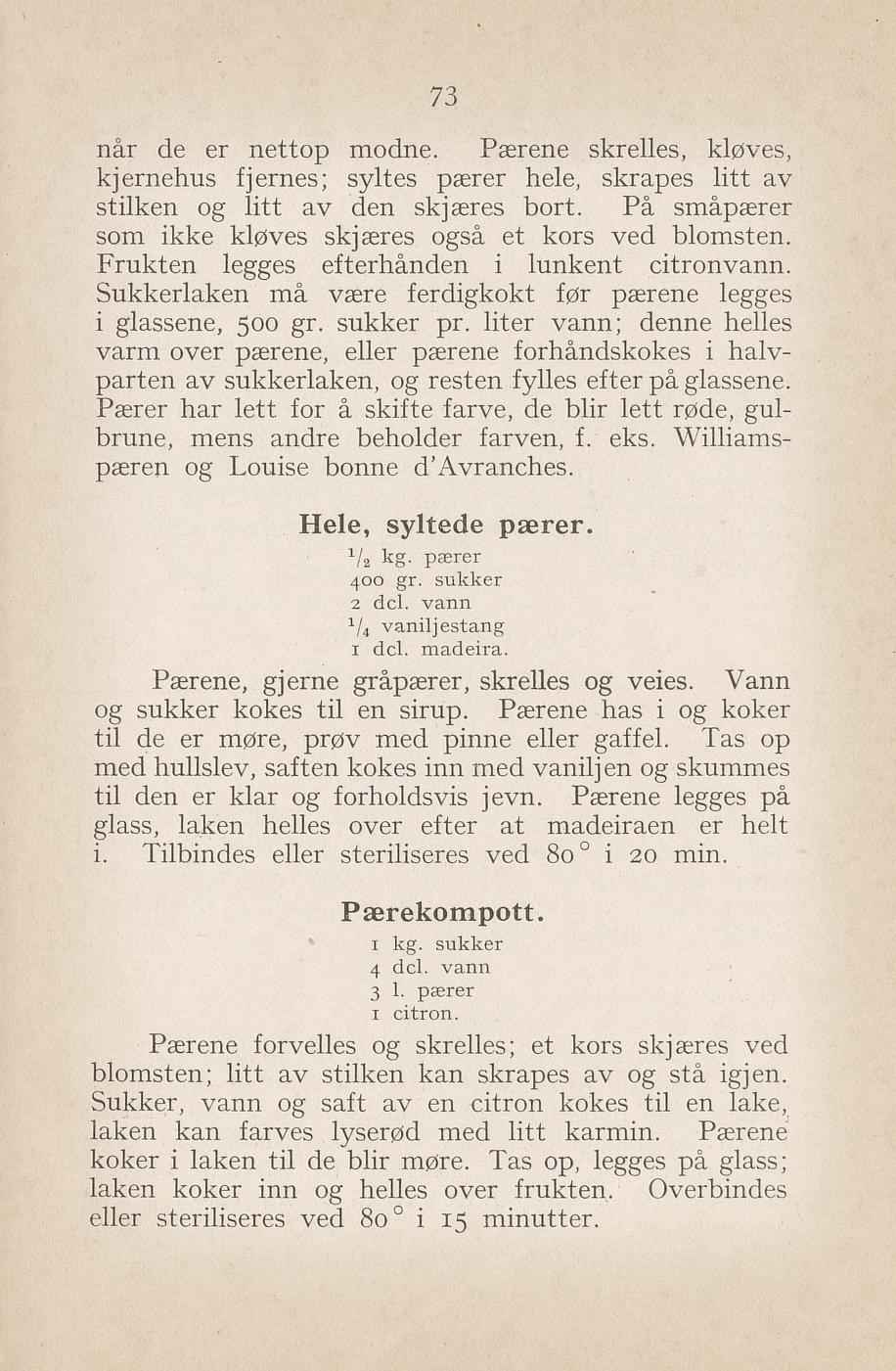 Faksimile av «Hele syltede pærer» fra Syltning, grønnsakers opbevaring, vegetar-retter 1929