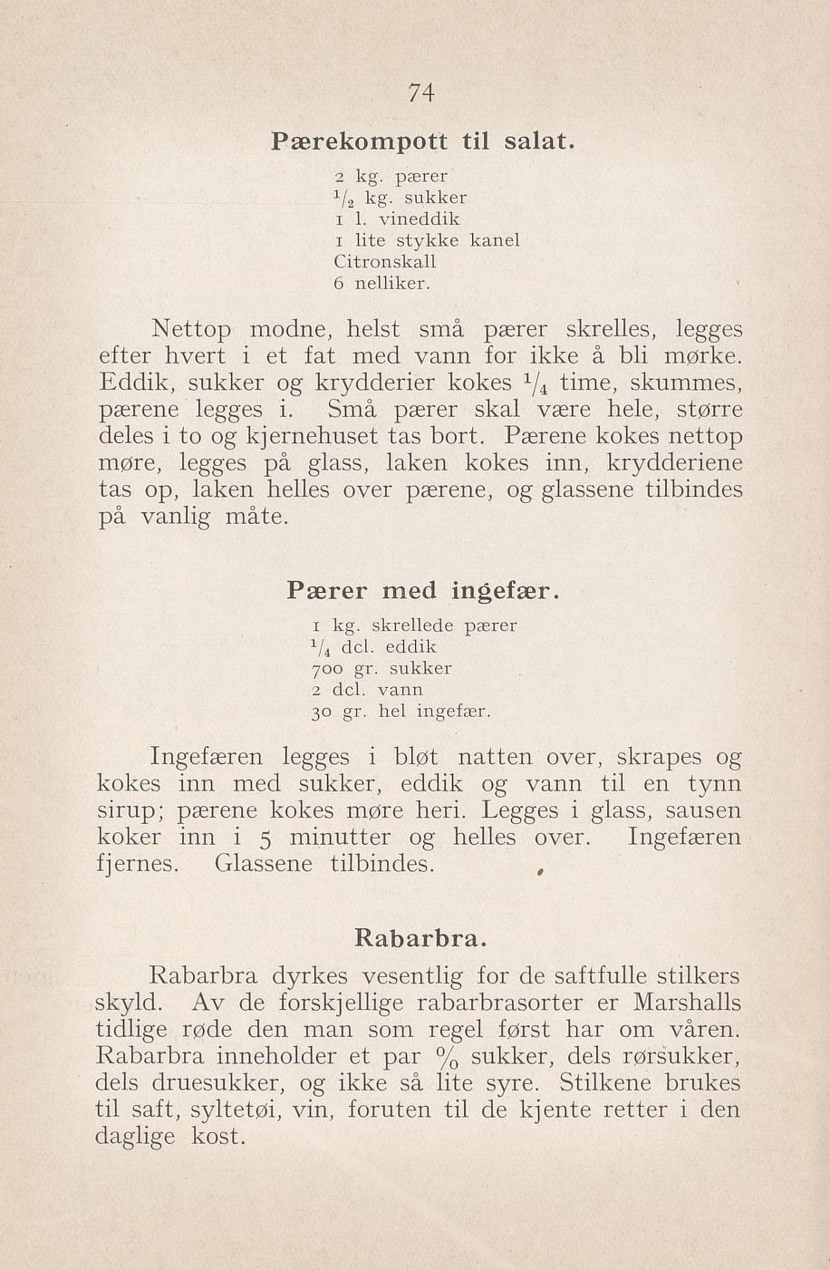Faksimile av «Pærer med ingefær» fra Syltning, grønnsakers opbevaring, vegetar-retter 1929