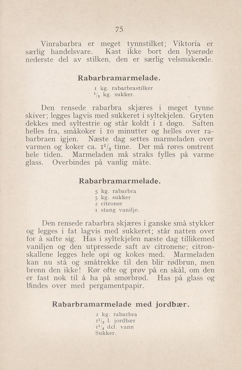 Faksimile av «Rabarbramarmelade (hvilemetode)» fra Syltning, grønnsakers opbevaring, vegetar-retter 1929