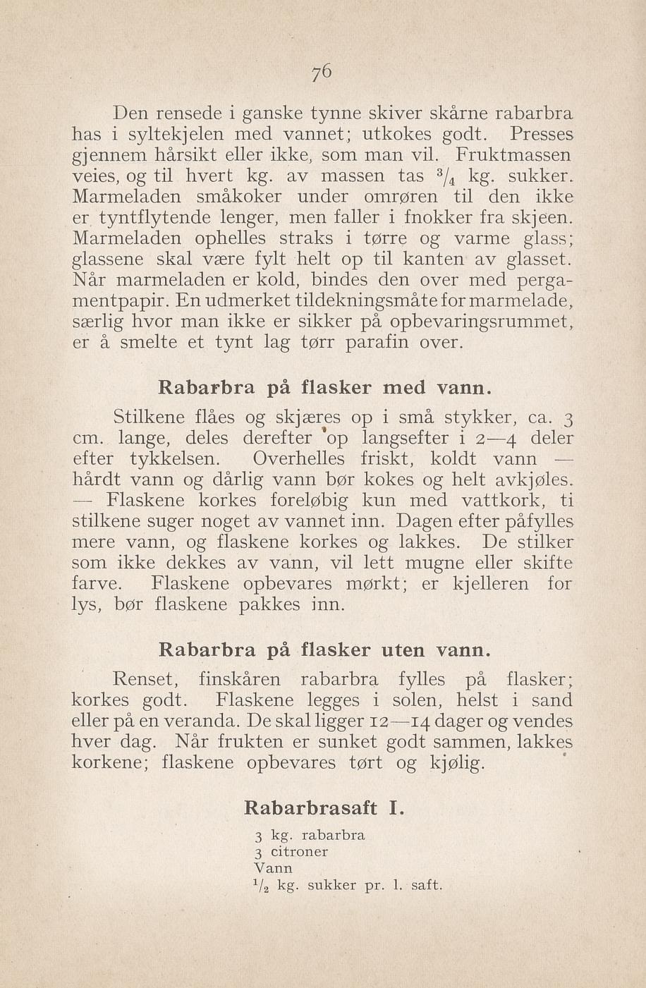 Faksimile av «Rabarbrasaft I» fra Syltning, grønnsakers opbevaring, vegetar-retter 1929