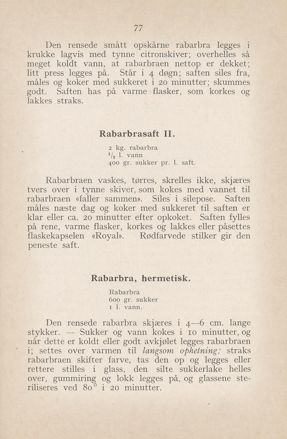 Faksimile av «Rabarbrasaft II» fra Syltning, grønnsakers opbevaring, vegetar-retter 1929