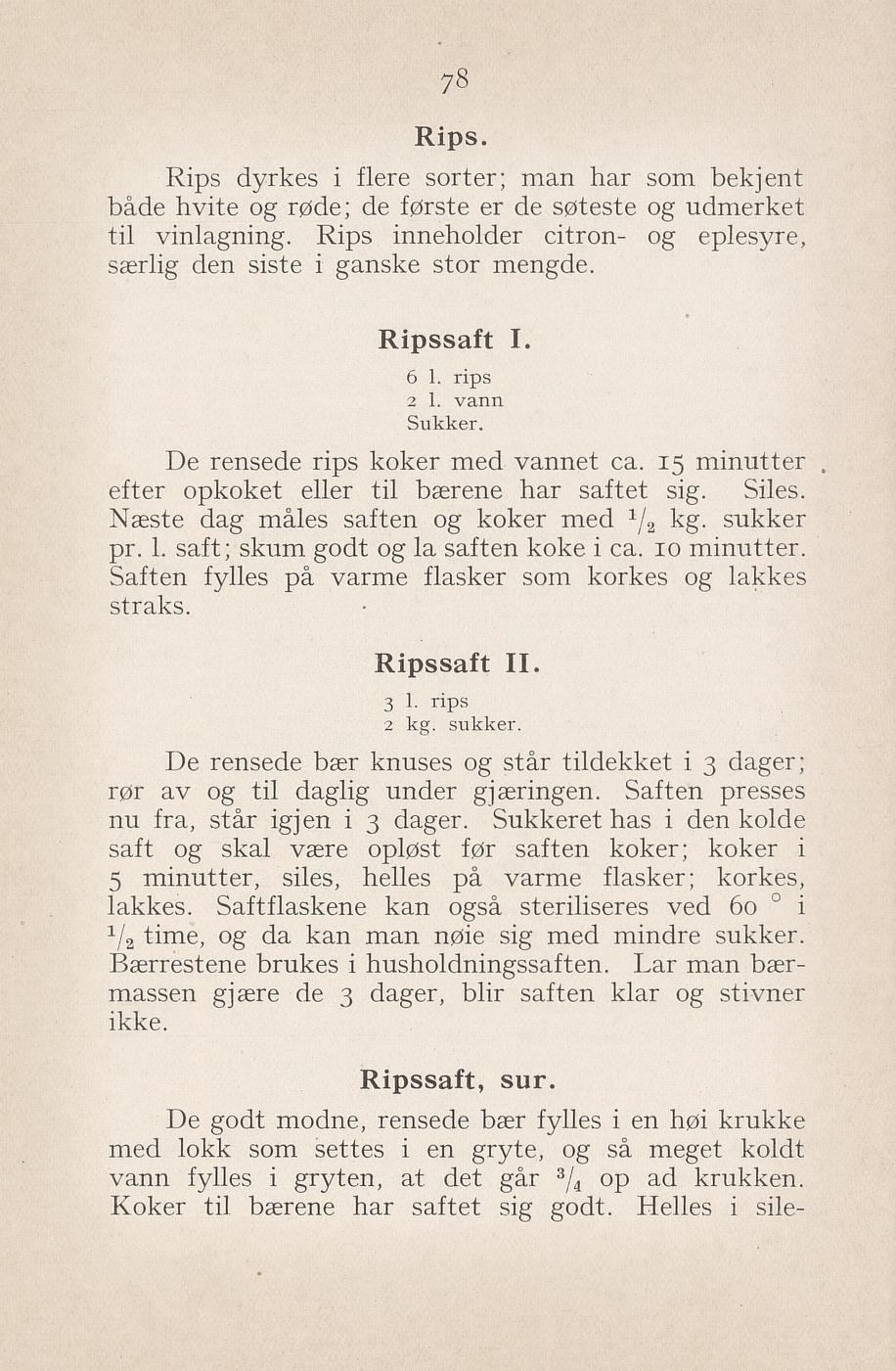 Faksimile av «Ripssaft II (gjæret)» fra Syltning, grønnsakers opbevaring, vegetar-retter 1929