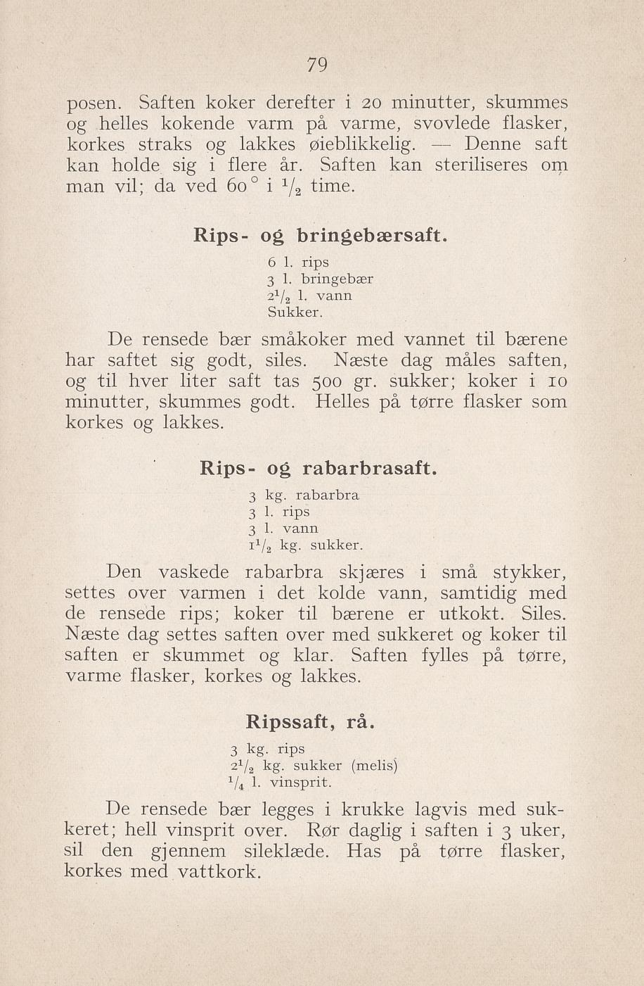 Faksimile av «Rå ripssaft» fra Syltning, grønnsakers opbevaring, vegetar-retter 1929