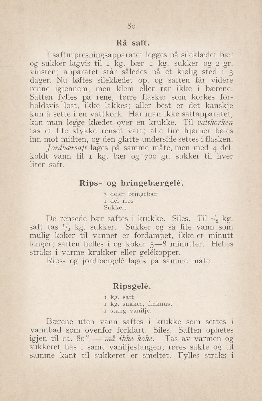 Faksimile av «Rå saft (generell metode)» fra Syltning, grønnsakers opbevaring, vegetar-retter 1929
