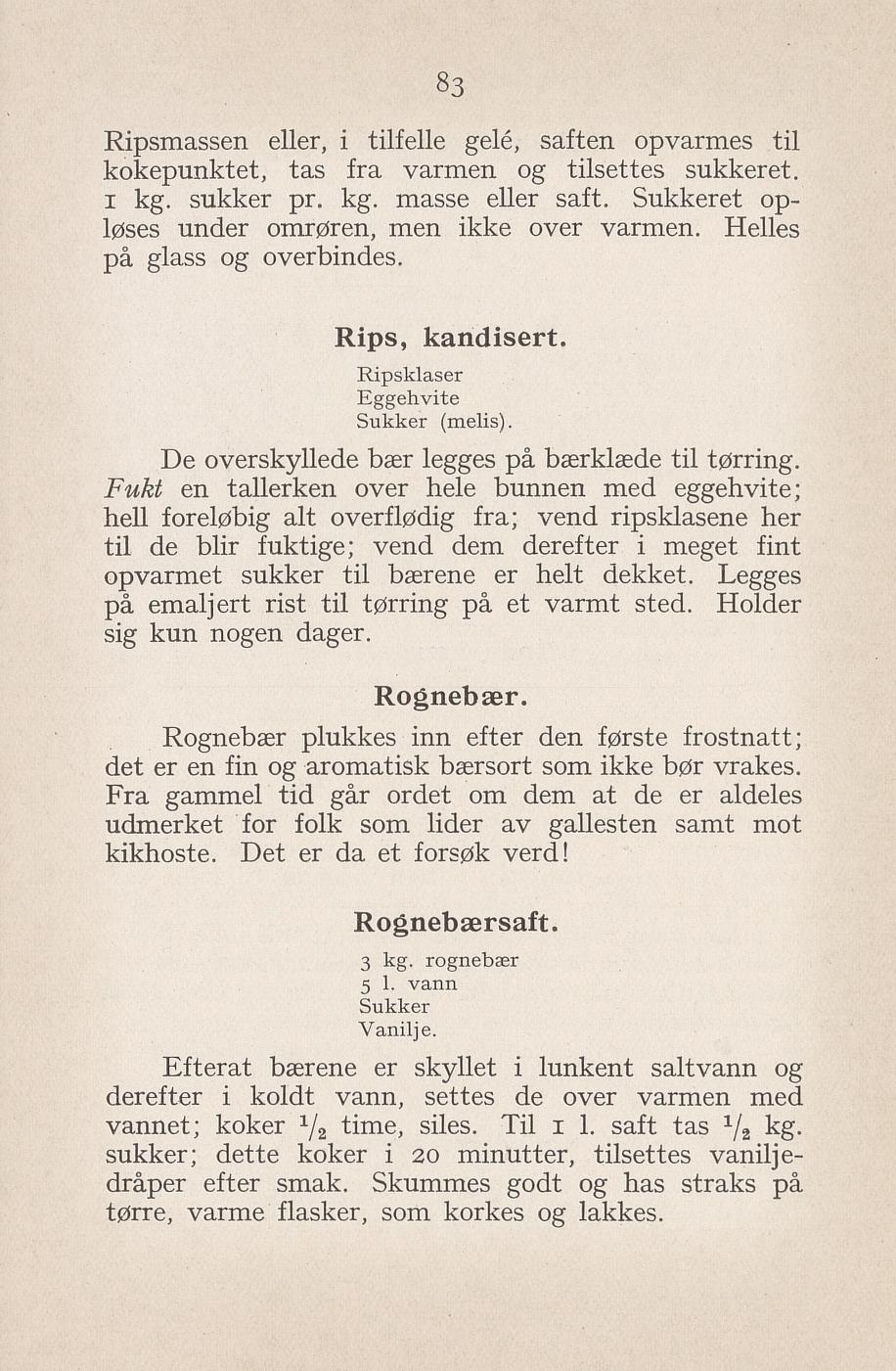 Faksimile av «Rognebærsaft» fra Syltning, grønnsakers opbevaring, vegetar-retter 1929