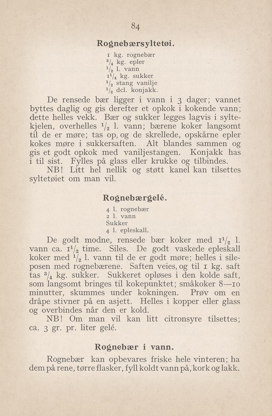 Faksimile av «Rognebærgelé» fra Syltning, grønnsakers opbevaring, vegetar-retter 1929