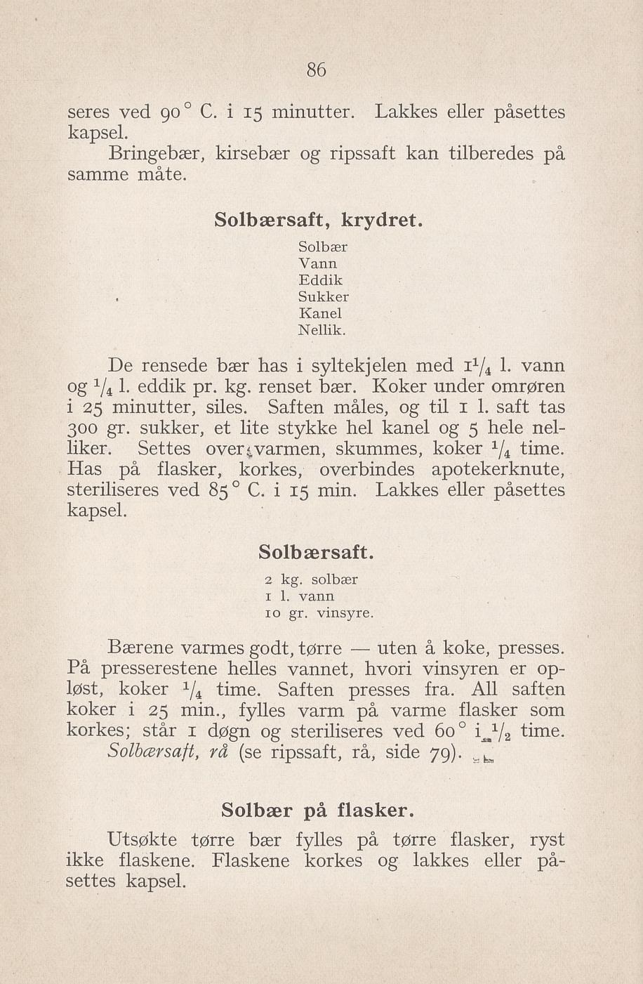 Faksimile av «Krydret solbærsaft» fra Syltning, grønnsakers opbevaring, vegetar-retter 1929