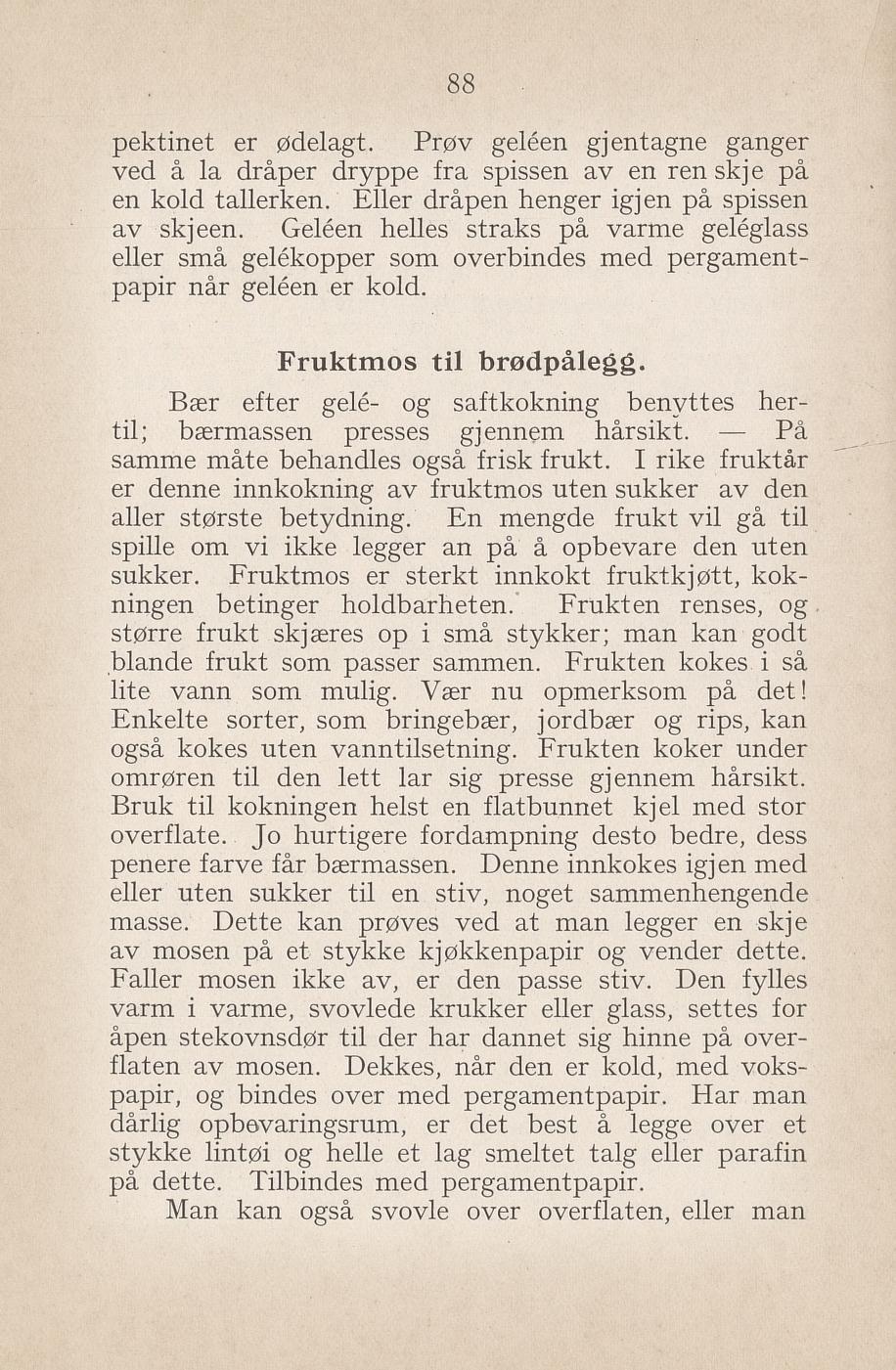 Faksimile av «Fruktmos til brødpålegg» fra Syltning, grønnsakers opbevaring, vegetar-retter 1929
