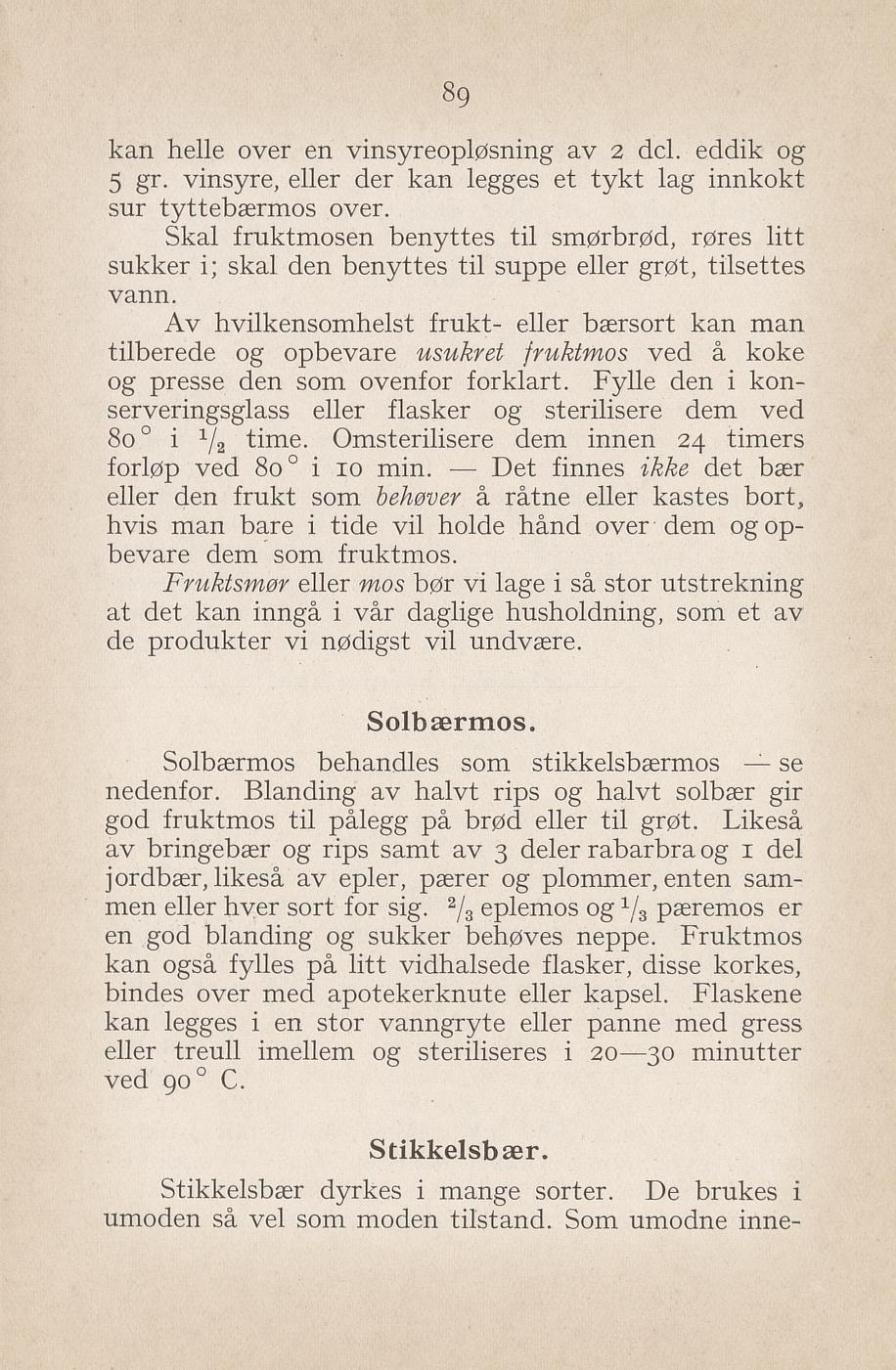 Faksimile av «Solbærmos og blandet fruktmos» fra Syltning, grønnsakers opbevaring, vegetar-retter 1929