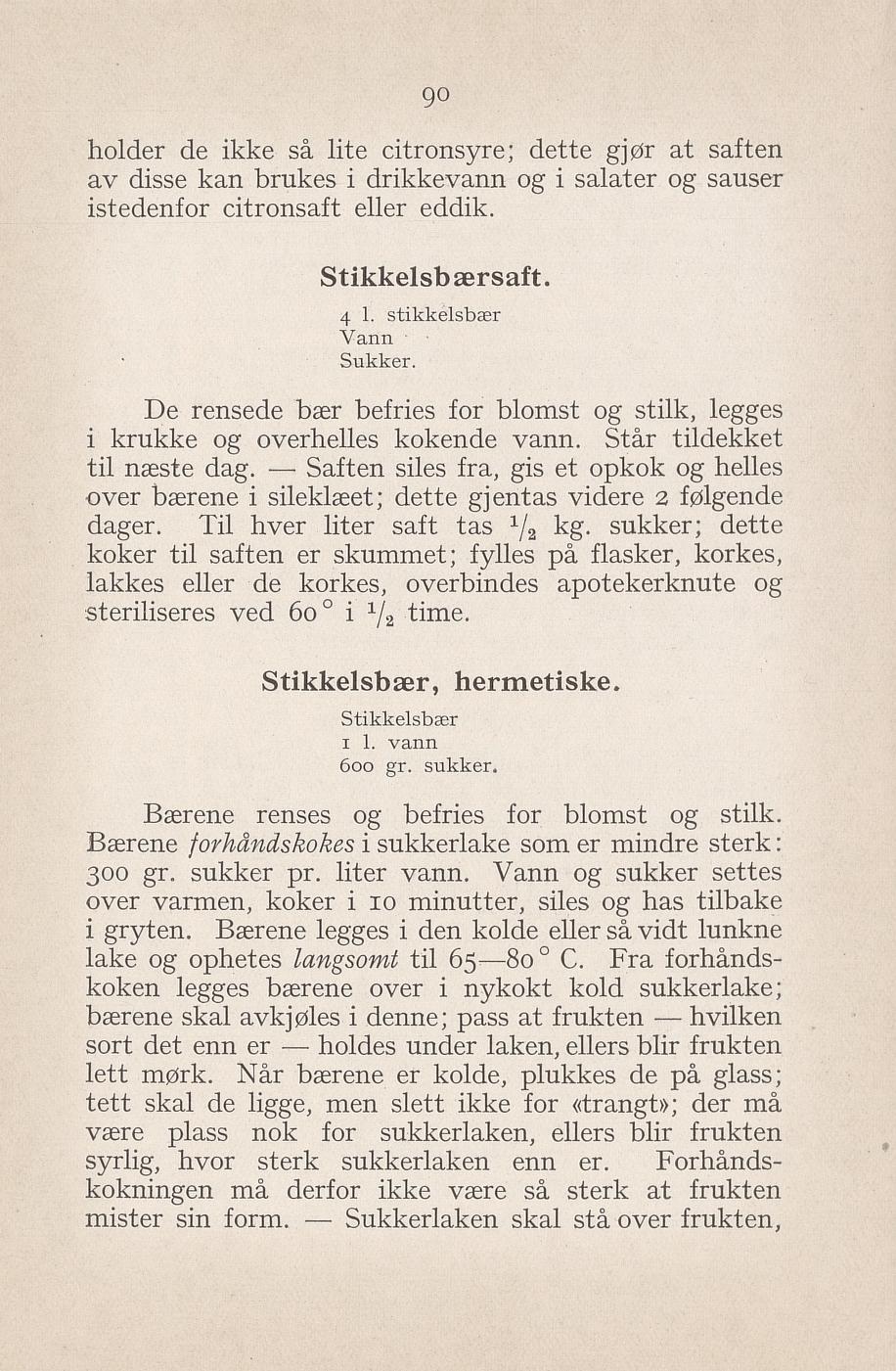 Faksimile av «Stikkelsbærsaft» fra Syltning, grønnsakers opbevaring, vegetar-retter 1929