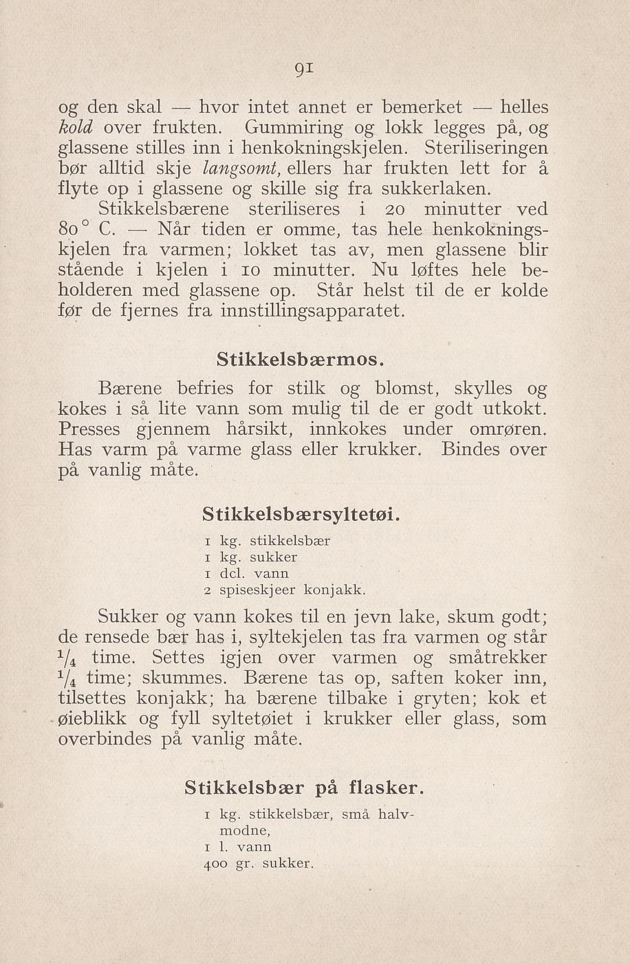 Faksimile av «Stikkelsbærmos» fra Syltning, grønnsakers opbevaring, vegetar-retter 1929