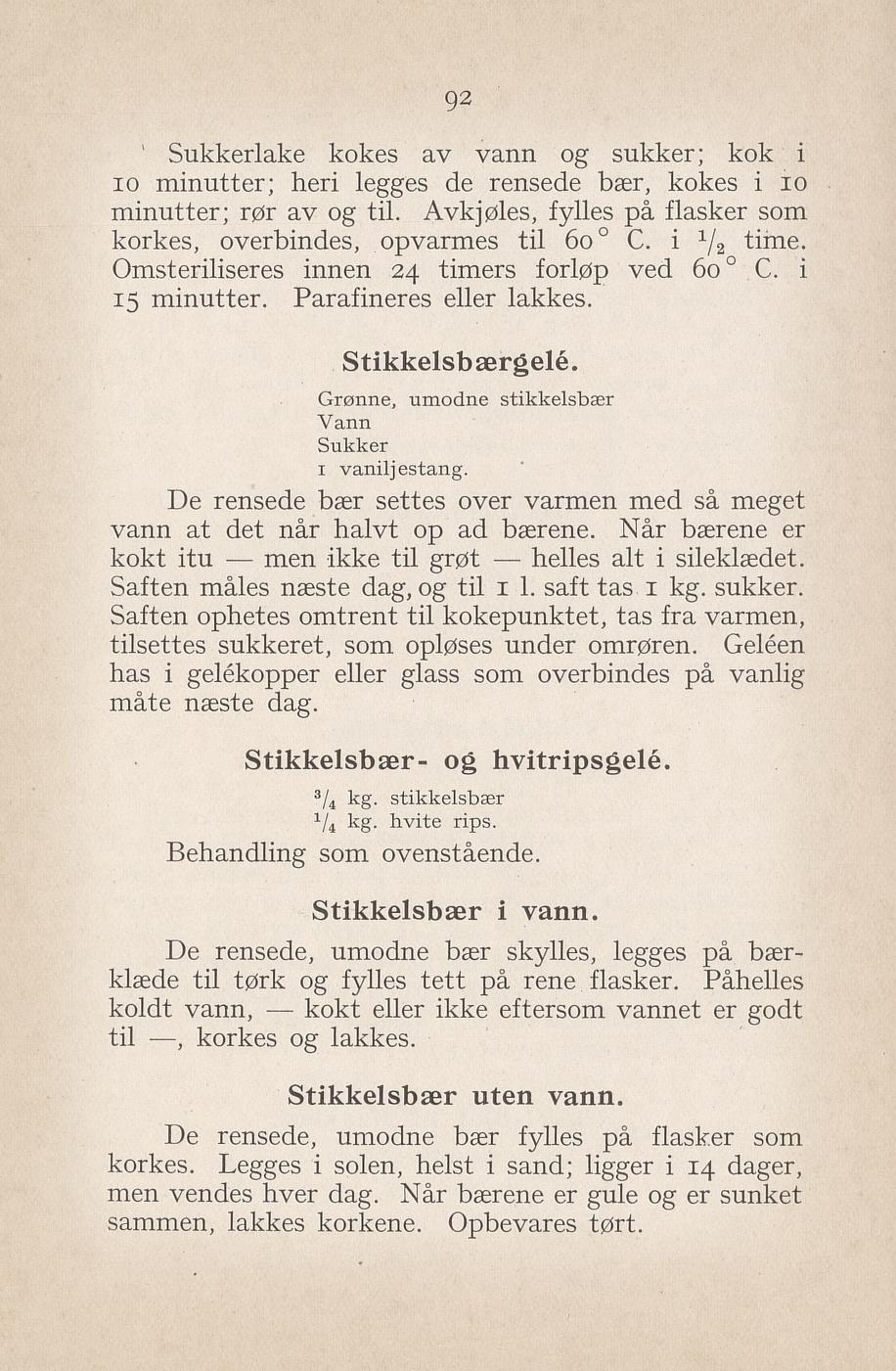 Faksimile av «Stikkelsbær- og hvitripsgelé» fra Syltning, grønnsakers opbevaring, vegetar-retter 1929