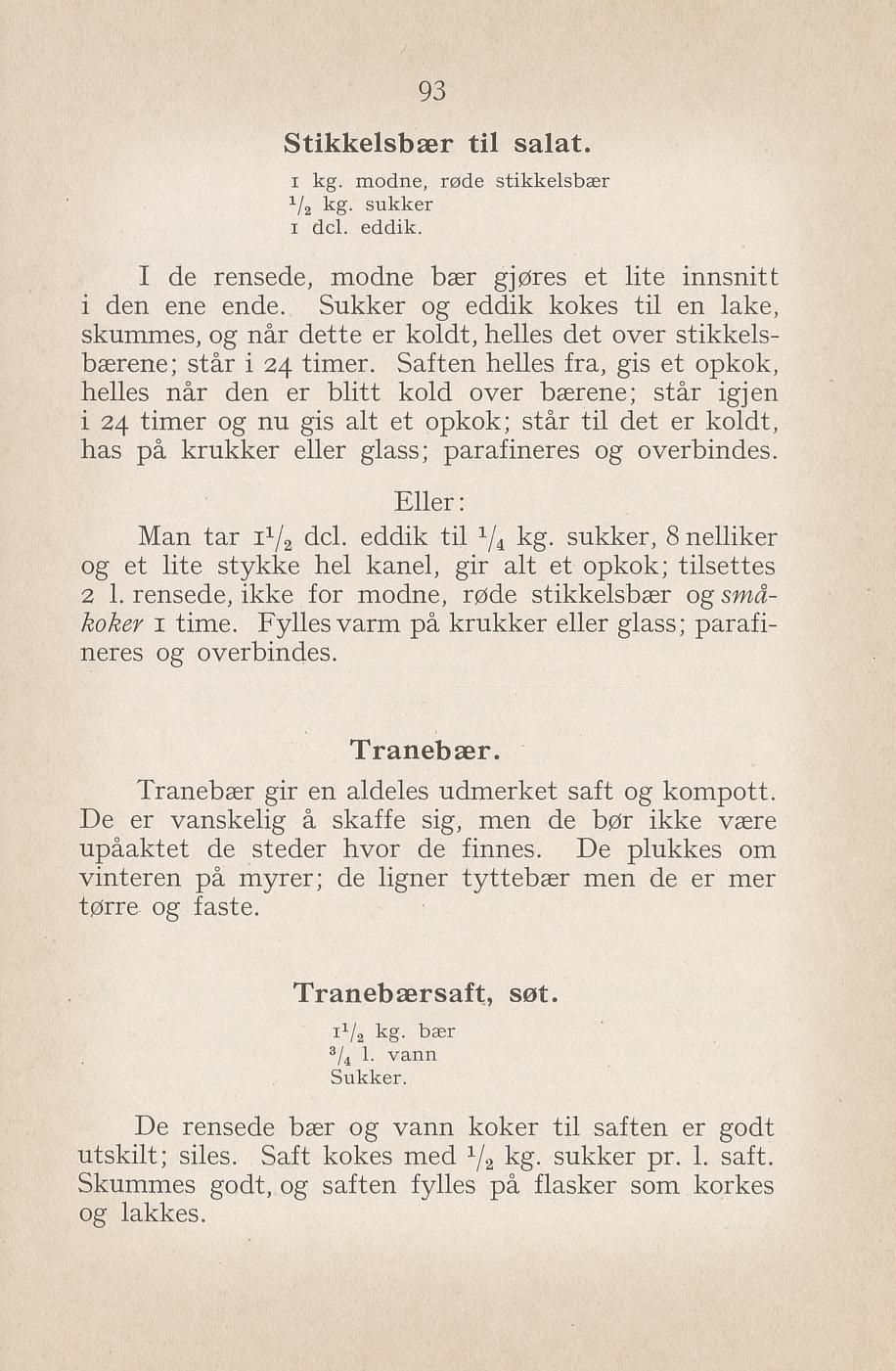 Faksimile av «Tranebærsaft, søt» fra Syltning, grønnsakers opbevaring, vegetar-retter 1929
