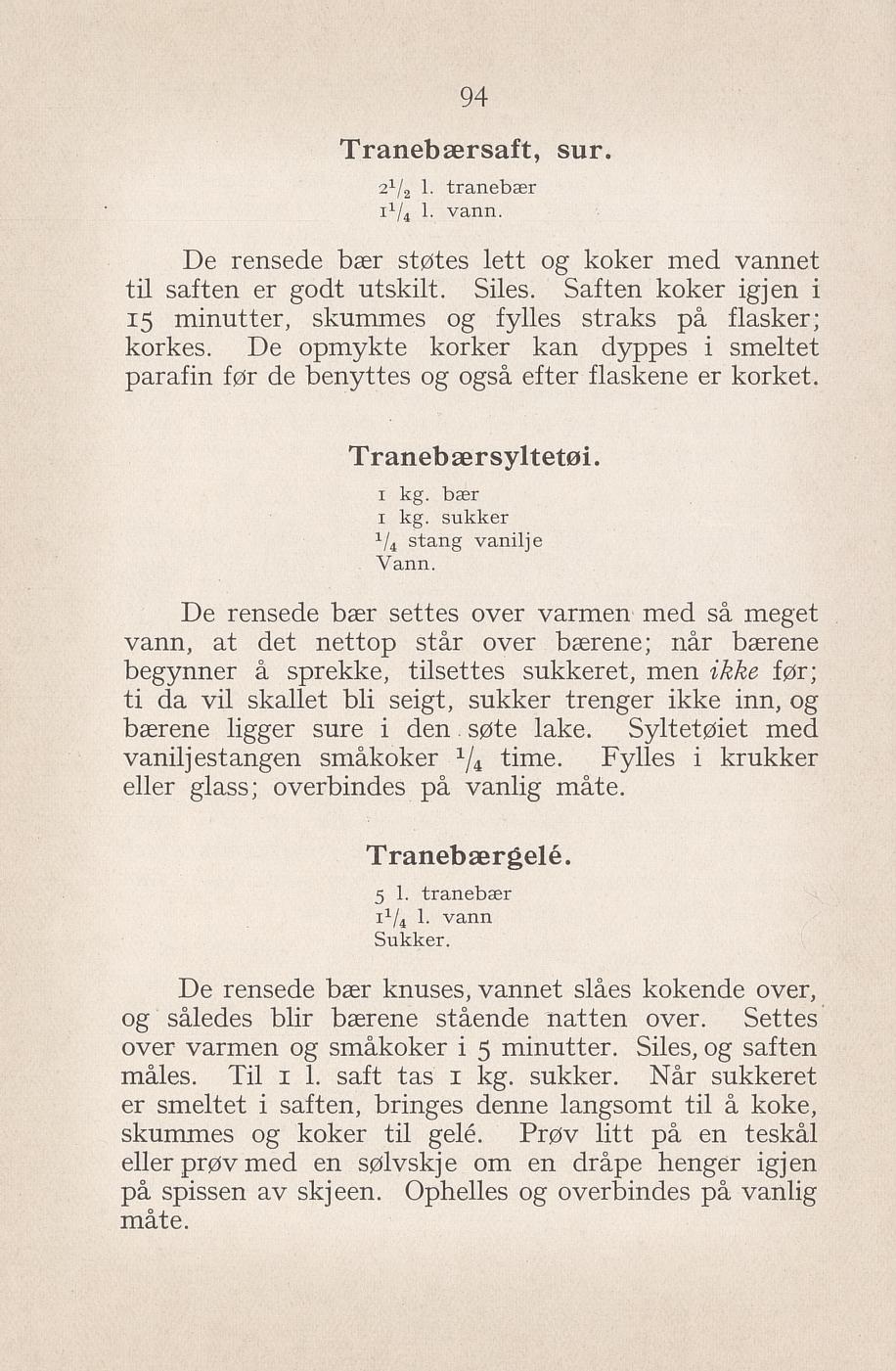 Faksimile av «Tranebærsaft, sur» fra Syltning, grønnsakers opbevaring, vegetar-retter 1929