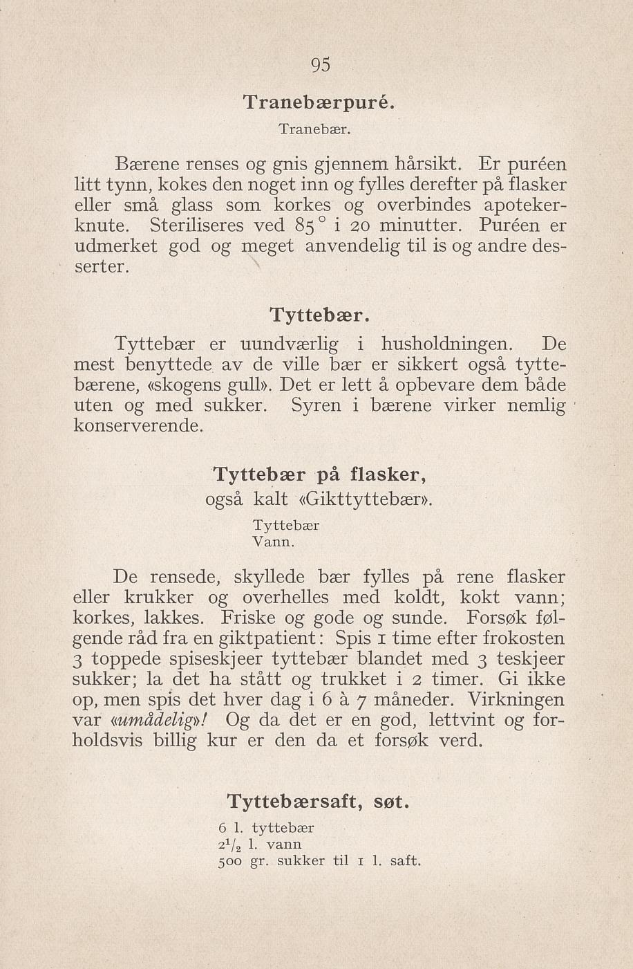 Faksimile av «Tyttebærsaft, søt» fra Syltning, grønnsakers opbevaring, vegetar-retter 1929