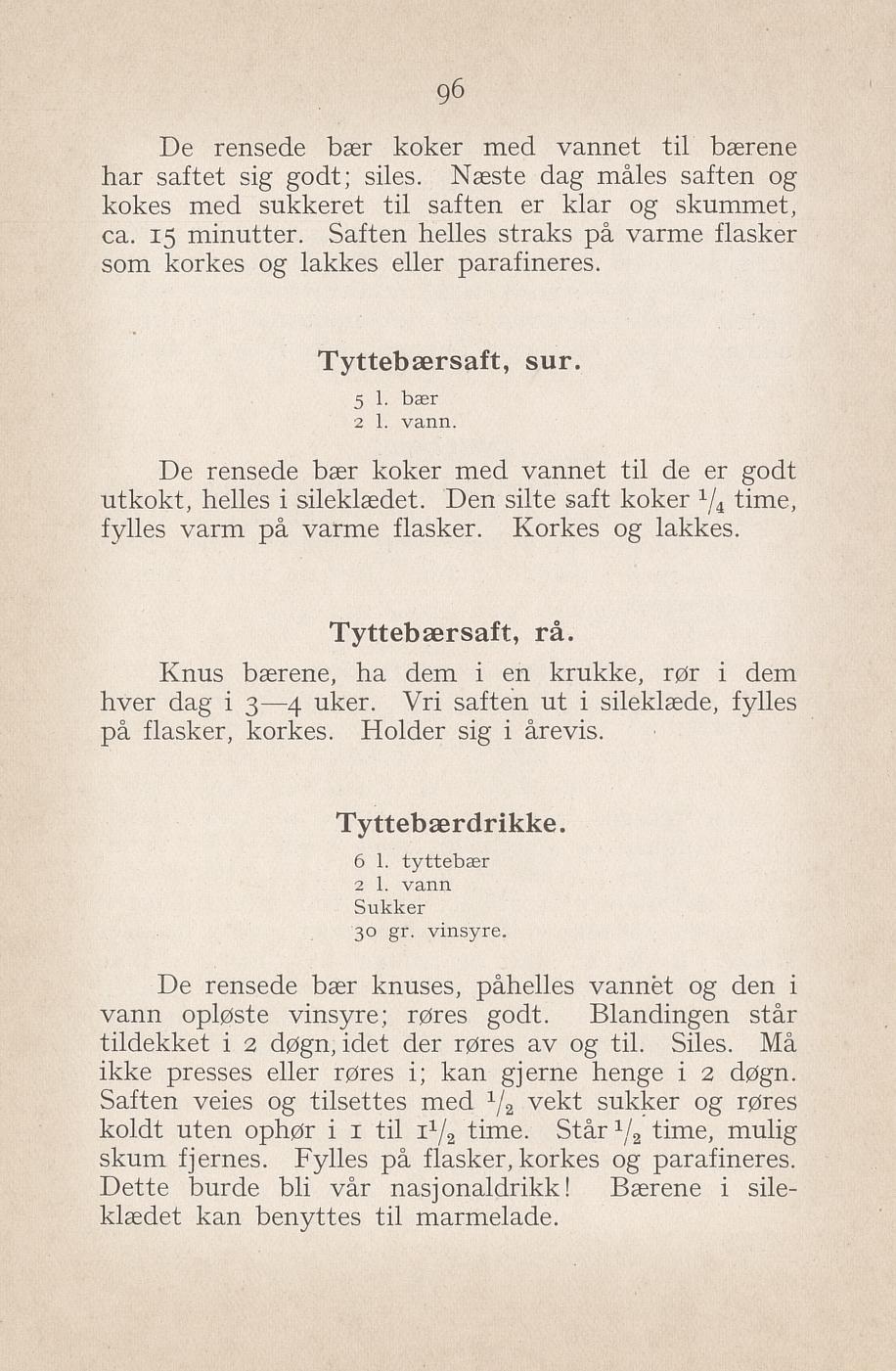 Faksimile av «Tyttebærdrikke» fra Syltning, grønnsakers opbevaring, vegetar-retter 1929