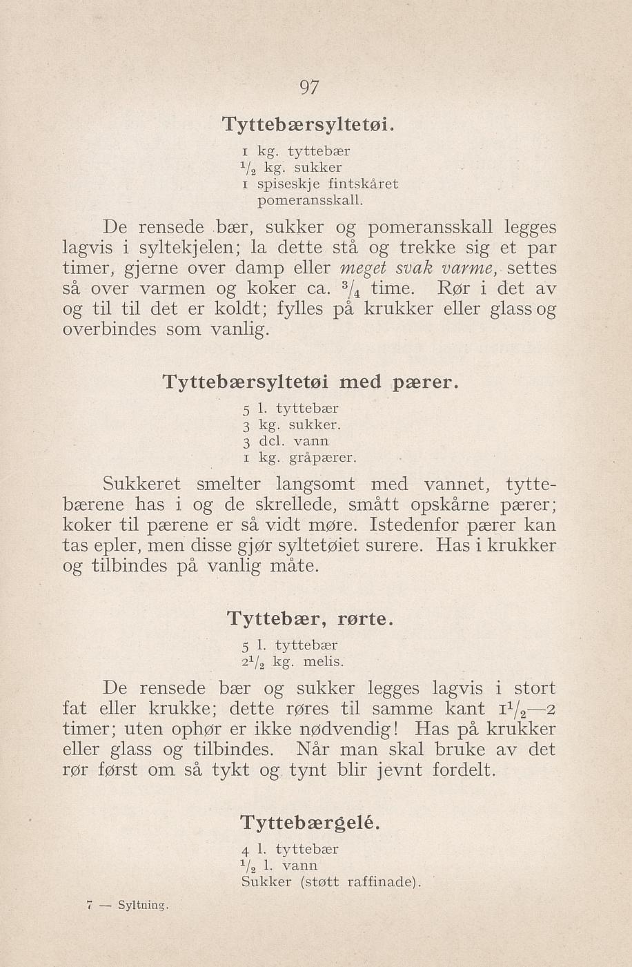 Faksimile av «Rørte tyttebær» fra Syltning, grønnsakers opbevaring, vegetar-retter 1929