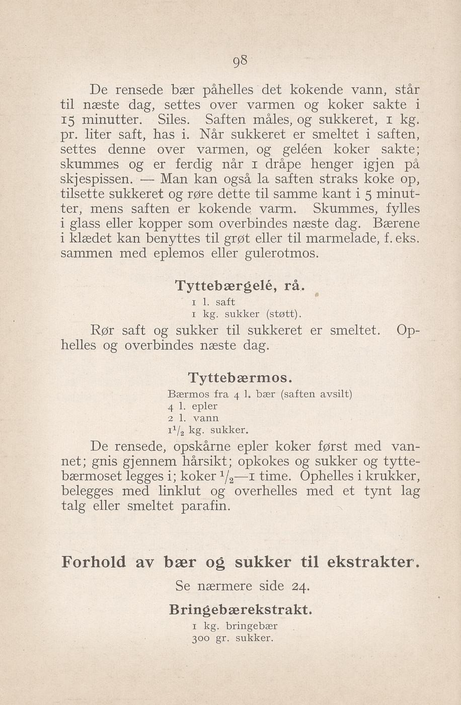 Faksimile av «Bringebærekstrakt» fra Syltning, grønnsakers opbevaring, vegetar-retter 1929
