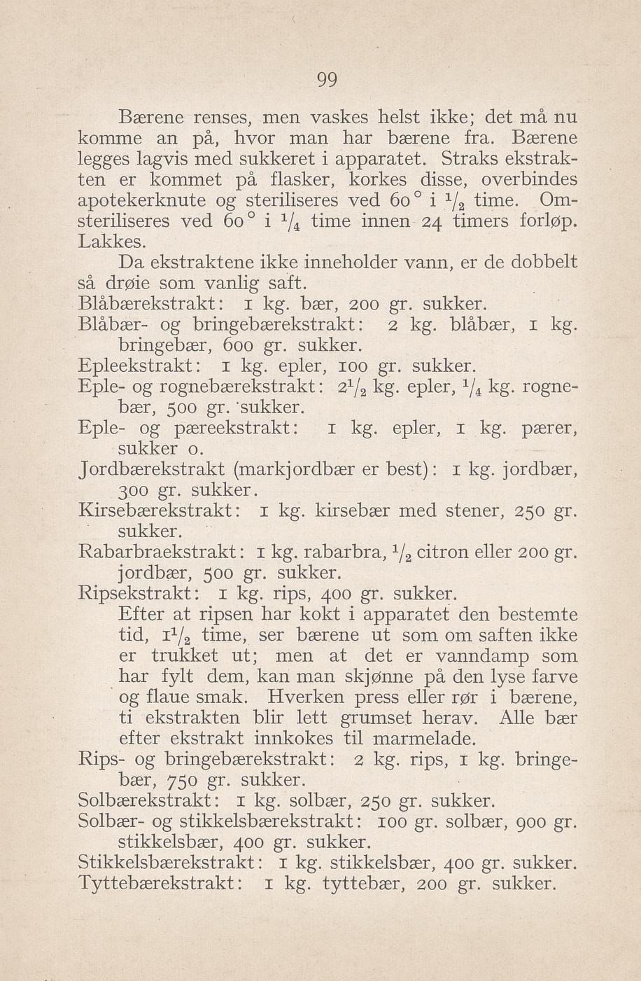 Faksimile av «Blåbær- og bringebærekstrakt» fra Syltning, grønnsakers opbevaring, vegetar-retter 1929