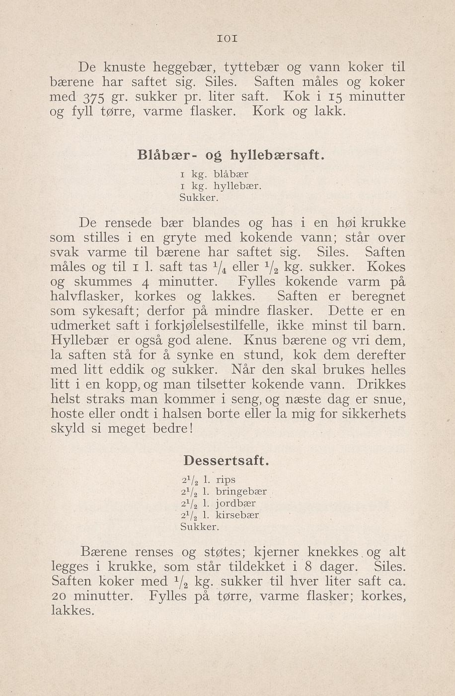 Faksimile av «Blåbær- og hyllebærsaft» fra Syltning, grønnsakers opbevaring, vegetar-retter 1929