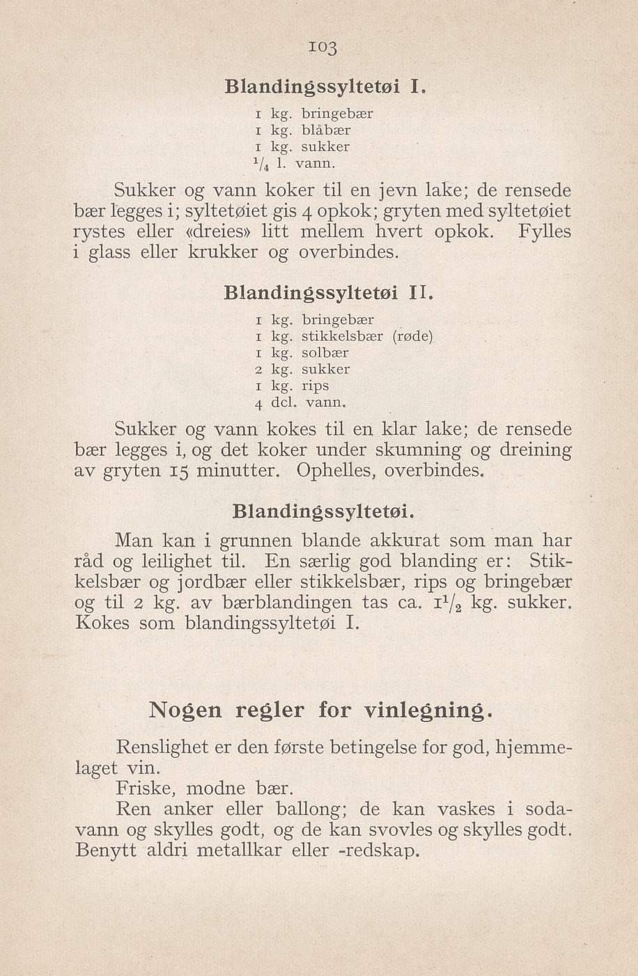 Faksimile av «Blandingssyltetøy (fritt etter råd)» fra Syltning, grønnsakers opbevaring, vegetar-retter 1929