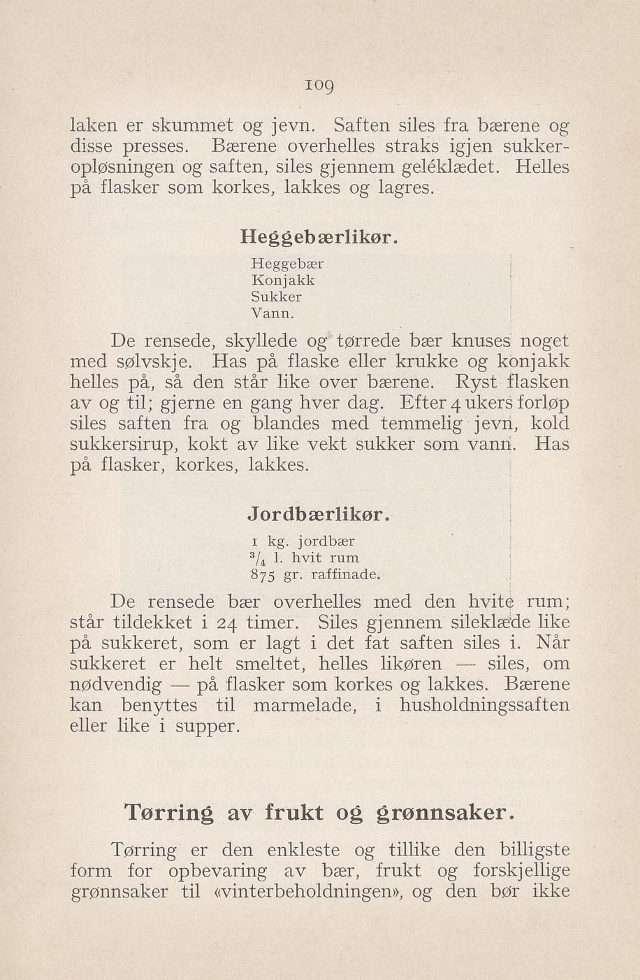 Faksimile av «Tørking av frukt og grønnsaker» fra Syltning, grønnsakers opbevaring, vegetar-retter 1929
