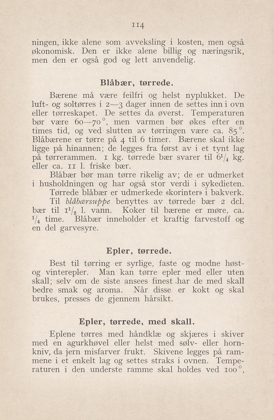 Faksimile av «Tørkede blåbær» fra Syltning, grønnsakers opbevaring, vegetar-retter 1929