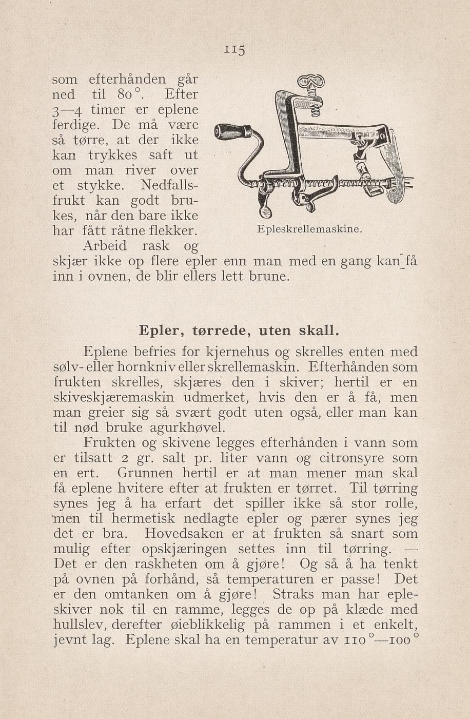 Faksimile av «Tørkede epler uten skall» fra Syltning, grønnsakers opbevaring, vegetar-retter 1929