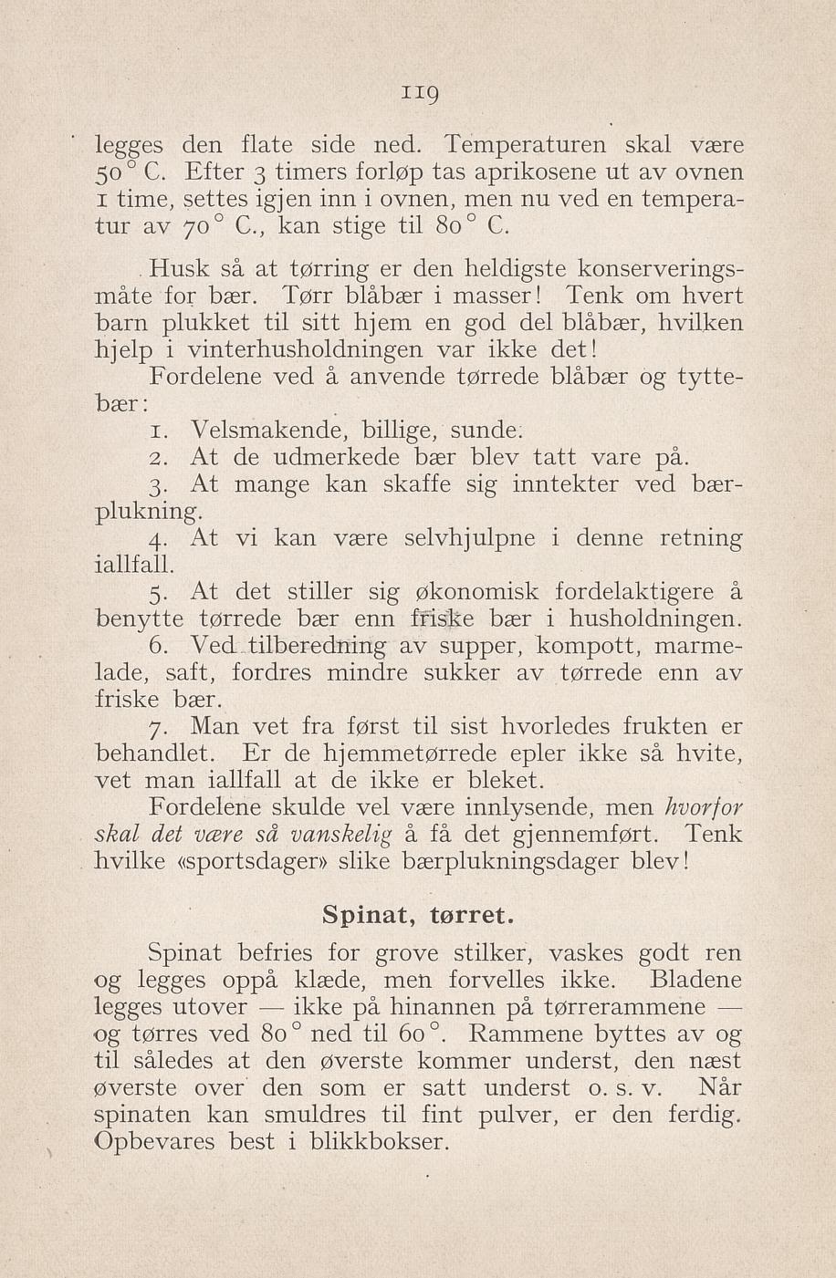 Faksimile av «Tørket spinat» fra Syltning, grønnsakers opbevaring, vegetar-retter 1929