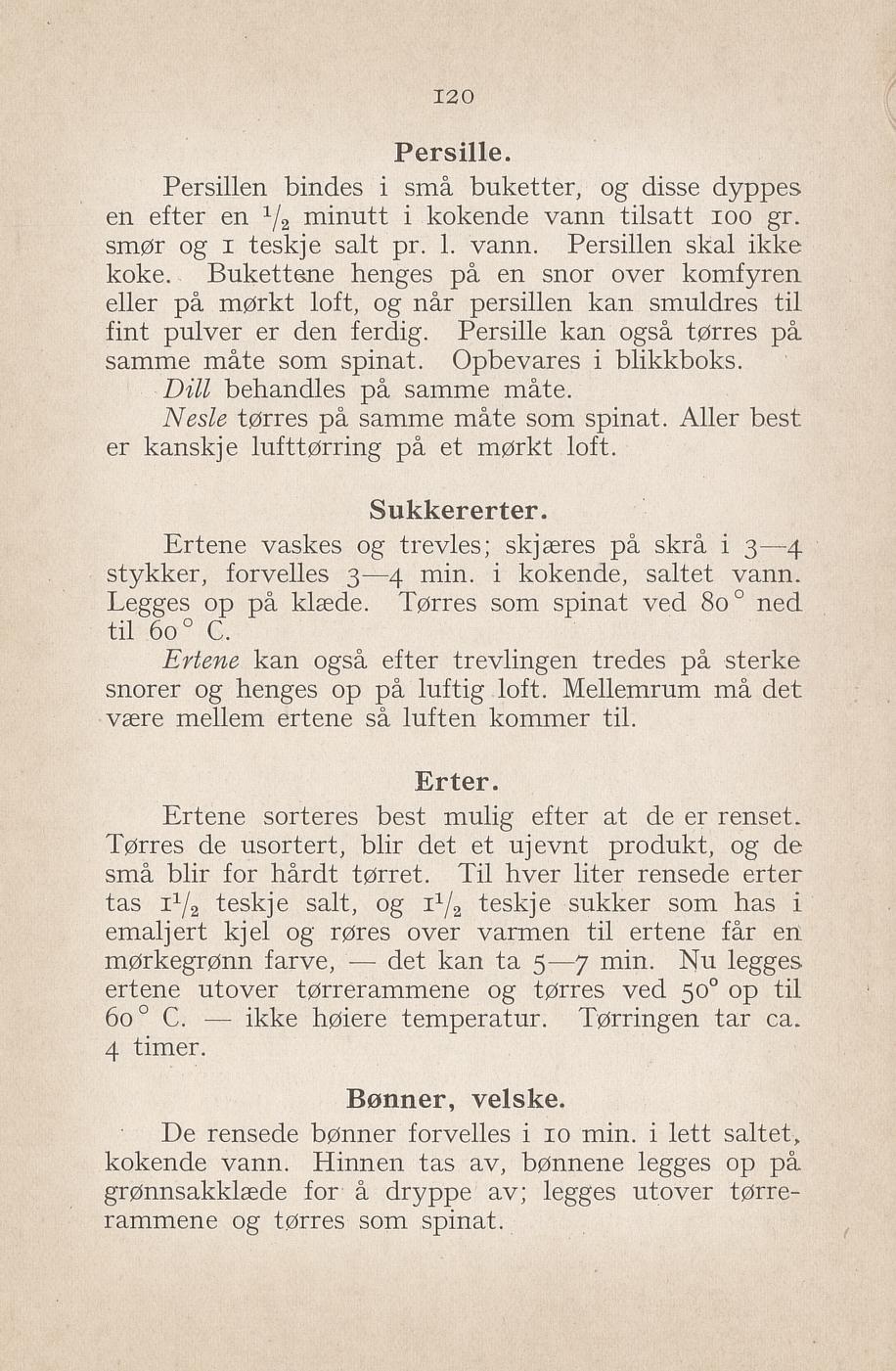 Faksimile av «Tørkede brekkbønner» fra Syltning, grønnsakers opbevaring, vegetar-retter 1929